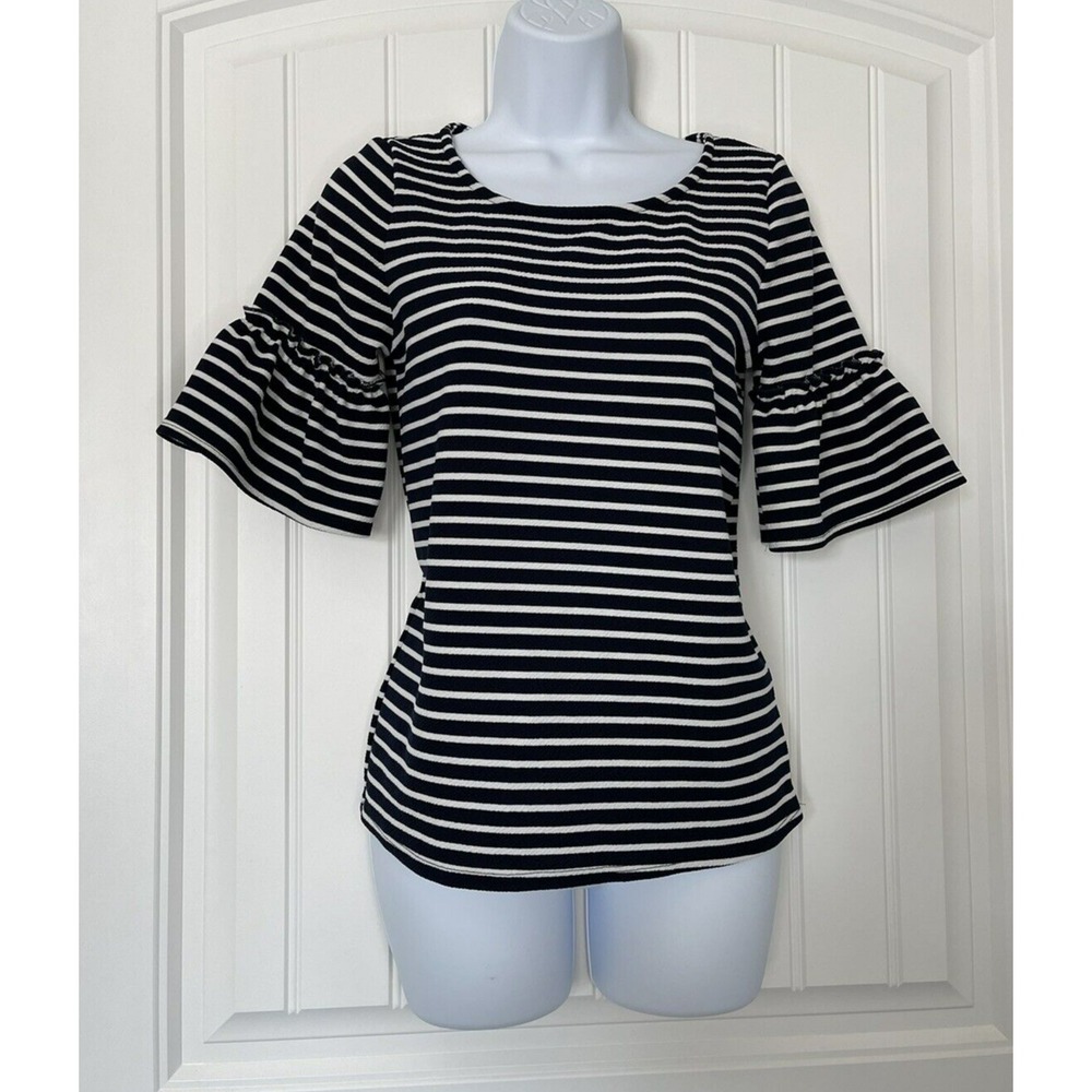 Green Envelope‎ Los Angels Womens Shirt S Blue Striped Nautical Bell 3/4 Sleeve